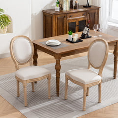 A&A Furniture,French Style Solid Wood Frame Antique Painting Linen Fabric Back Dining Chair,Set of 2,Beige,SW1845BG