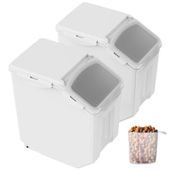 Ingredient Storage Bin, 2 x 15L Dispenser Bin with 2 Measuring Cups, Attachable Casters and Airtight Lid, 2 Pcs/Set Dog Pet Food Storage Container, PP Material Kitchen Rice Cereal Flour Bin