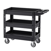Utility Service Cart, 3 Shelf 550LBS Heavy Duty Plastic Rolling Utility Cart with 360° Swivel Wheels (2 with Brakes), Medium Lipped Shelf, Ergonomic Storage Handle for Warehouse/Garage/Cleaning