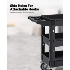 Utility Service Cart, 3 Shelf 550LBS Heavy Duty Plastic Rolling Utility Cart with 360° Swivel Wheels (2 with Brakes), Medium Lipped Shelf, Ergonomic Storage Handle for Warehouse/Garage/Cleaning