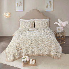 Tufted Cotton Chenille Medallion Fringe Coverlet Mini Set Taupe King/Cal King