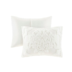 3 Piece Tufted Cotton Chenille Damask Comforter Set Off-White Full/Queen