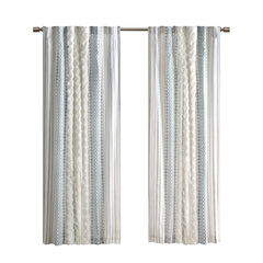 Cotton Printed Curtain Panel with Chenille Stripe and Lining White/Navy 50x95 inch