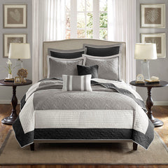 7 Piece Quilt Set with Euro Shams and Throw Pillows Black Full/Queen