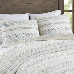 3 Piece Printed Microfiber Seersucker Quilt Set Taupe/Blue King/Cal King
