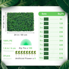 Artificial Boxwood Panel UV 24pcs Boxwood Hedge Wall Panels Artificial Grass Backdrop Wall 24" X 16" 4 cm Green Grass Wall, Fake Hedge for Decor Privacy Fence Indoor, Outdoor Garden Backyard