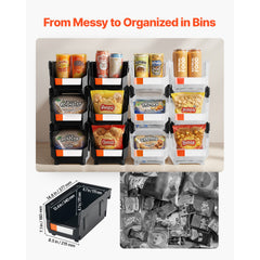 Plastic Stackable Storage Bins, 14.8 x 8.5 x 7.1 inch (12 Pack), Plastic Containers for Organizing & Storage Bins for Garage, Small Parts, Office Supplies, Other Accessories, Black & Transparent