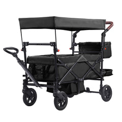 Wagon Stroller for 2 Kids, Push Pull Quad Collapsible Stroller with Adjustable Handle, Encircling Harness Removable Canopy, 4 Wheels with Brakes, Mutifunction Tandem Stroller for Camping Black