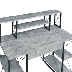 Grey and Black Office Desk with Open Shelves and Hutch