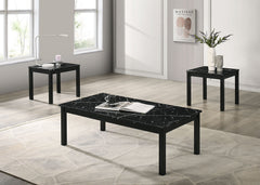Contemporary Style 3pc Table Set 1x Coffee Table 2x End Table Faux Marble Top Wooden Legs Black Finish Primary Living Room