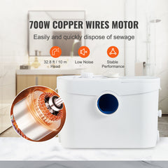 Macerator Pump, 700W, 9600 L/h Flow, 32.8 ft/10 m Head, Macerator Sewerage Sump Pump with 3 Water Inlets for Toilet, Basement, Kitchen, Sink, Shower, Bathtub Waste Water Disposal Upflush Machine