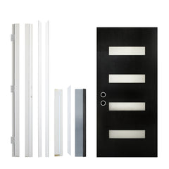 36 x 80 Fiberglass Entry Door with Brickmould, Frosted Glass - Contemporary Style for Home's Front Entrance, Right Hand Inswing, Black Finished Knock-Down Fiberglass Door with 4-9/16 White Vinyl Frame