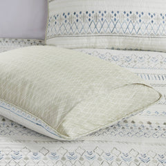 3 Piece Printed Microfiber Seersucker Quilt Set Taupe/Blue Full/Queen