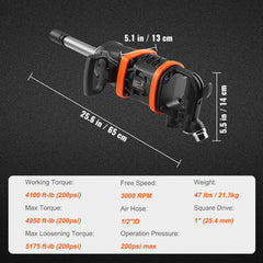 1 Inch Air Impact Wrench, Up to 5175 ft-lbs Beast Reverse Torque Output Pneumatic Impact Gun w/ 8 Inch Extended Anvil for Repairs and Maintenance of Heavy Duty Machinery / Semi-Truck / Bus