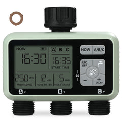 Water Timer, 3 Outlets, Hose Watering Sprinkler Timer, with 3 Independent Watering Zone LCD Display Rain Delay Mode Manual Mode 360° Brass Inlet Metal Filter, IPX6 Waterproof for Yard Watering
