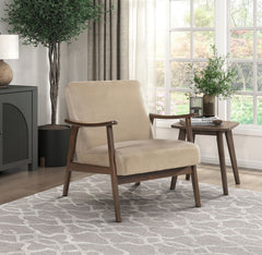Mid-Century Modern Design 1pc Accent Chair Light Brown Velvet Upholstery Dark Walnut Finish Wood, High-Resiliency Foam Cushions