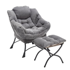 Lazy Chair with Ottoman, Modern Lounge Accent Chair with Armrests and a Side Pocket, Leisure Upholstered Sofa Chair Reading Chair with Footrest for Small Space, Corner Chair-Grey