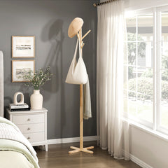 Natural Finish Modern Coat Rack Solid Wood, 9 Hooks Coat Hanger Stand Entryway Home Furniture 1pc