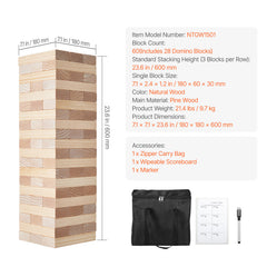 Tumbling Timber Toy 60 Blocks Giant Tumble Tower Blocks Game Pine Wood Bag