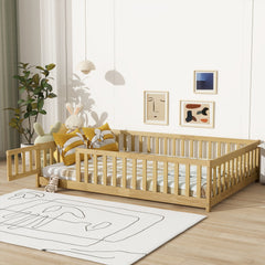 Full Size Floor Bed with Fence and Door,Rubber Wood Floor Bed with Safety Guardrails,Natural
