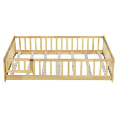 Full Size Floor Bed with Fence and Door,Rubber Wood Floor Bed with Safety Guardrails,Natural