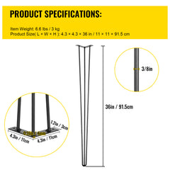 Hairpin Table Legs 36" Black Set of 4 Desk Legs 880lbs Load Capacity Hairpin Desk Legs 3 Rods for Bench Desk Dining End Table Chairs Carbon Steel DIY Heavy Duty Furniture Legs