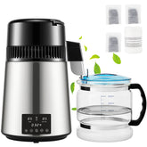 1.1Gal Water Distiller, 0.3Gal/H, 750W Distilled Water Maker Machine 0-99H Timing Dual Temp Display, 304 Stainless Steel Countertop Distiller Glass Carafe Cleaning Powder 3 Carbon Packs, Silver