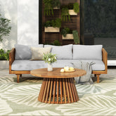 Acacia Wood Patio Furniture Set,Outdoor 3 Seater Daybed(with Water Resistant Thick Cushions)and Round Coffee Table, Light Gray Cushion