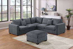 Modern Style L-Shaped 4pc Sectional Set Cocktail Ottoman Square Arms Throw Pillow Corduroy Upholstered Dark Gray Finish Primary Living Room