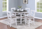 Counter Height Dining Table w Storage Shelve 4x Chairs Padded Seat Unique Design Back 5pc Dining Set White Color