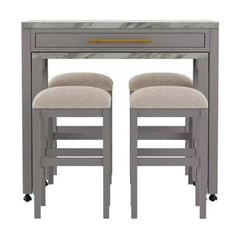 Rustic 5pc Dining Set Counter Height Dining Table w Storage drawer Faux Marble Top 4x Stools Light Gray Dining Room Furniture