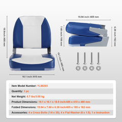 Boat Seat, 18.9" Low Back Boat Seat, Folding Boat Chair with Thickened Sponge Padding and Hinge, Fold-Down Boat Captain Chair for Fishing Boat, Sightseeing Boat, Speedboat, Canoe, 1-Piece