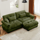 Over Size Modern Two-seater Sofa with Ottoman, Velvet 2-Seater with Round Bolster Armrests,With Waist Pillow and Throw Pillows,Small L Shape Sofa For Living Room, Reading Room Olive green