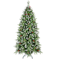 6ft Pre-Lit Artificial Christmas Tree with 380 Warm White LED Lights, 1264 Tips, Frosted Greenery with Red Berries & Natural Pinecones, Full Holiday Tree with Sturdy Metal Stand for Indoor Decoration