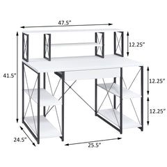 White and Black Office Desk with Open Shelves and Hutch