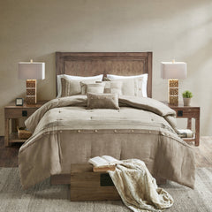 7 Piece Faux Suede Comforter Set Tan King