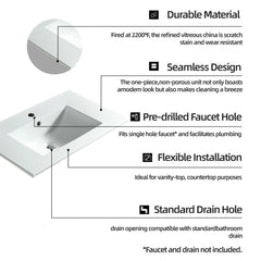 30" Bathroom Vanity Top Only, White Basin,Ceramic