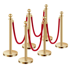 Stanchions and Velvet Ropes 6Pcs, Hollow Base with Stainless Steel Post, 4 Red Velvet Ropes and Posts, Crowd Control Barriers Gold Stanchions, Red Carpet Runner Poles for Party Supplies
