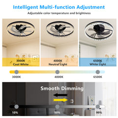 Smart Flush Mount Ceiling Fan with Light – 20-inch Integrated LED Chandelier with 5 Invisible Blades, Remote Control & Timer, Dimmable Lighting, Ultra-Quiet Operation for Bedroom, Living Room, and Din