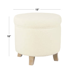 Loni Round Storage Ottoman, 19 Inch Beige Faux Sheepskin, Wood Legs