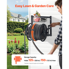 Wall Mounted Garden Hose Reel 125ft 5/8 in Hose Holder Brass Fitting & Basket