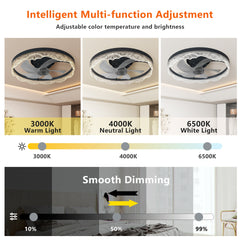 20" Decorative LED Ceiling Fan Light – Modern Flush Mount with Acrylic Ring, Hidden Blades, Remote Control, and Dimmable Light for Stylish Homes (Black)