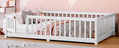 Full Size Bed Floor Bed with Safety Guardrails and Door for Kids, White