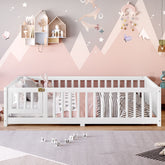 Full Size Bed Floor Bed with Safety Guardrails and Door for Kids, White