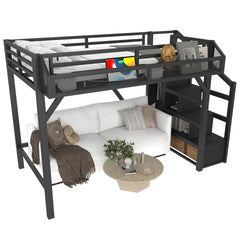 Twin XL Loft Bed with Storage Stairs, Shelves and Built-in Wardrobe, Metal Loft Bed Frame with USB Ports and LED Lights, Noise-reduced Design, Black