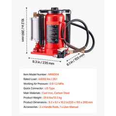 Air Hydraulic Bottle Jack, 20 Ton (44092 lbs) Capacity, 10.2-19.5 Inch Lifting Range, Pneumatic/Manual Heavy Duty Welded Bottle Jack with Pump for Car, SUV, Pickup, Truck, RV, Auto Repair, Red