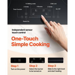 Built in Electric Stove Top, 30.3 x 20.5 inch 4 Burners, 240V Glass Radiant Cooktop with Sensor Touch Control, Timer & Child Lock Included, 9 Power Levels for Simmer Steam Slow Cook Fry
