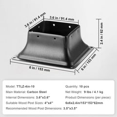 Post Base 4x4 10Pcs, Internal 3.6"x3.6" Heavy Duty Powder-Coated Steel Post Bracket Fit for Standard Wood Post Anchor, Decking Post Base for Deck Porch Handrail Railing Support