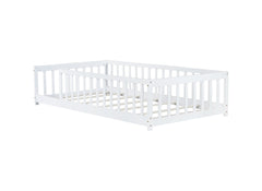 Twin Size Floor Bed with Fence without Door, Rubber Wood Floor Bed with Safety Guardrails,White