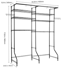 Over The Washer and Dryer Storage Shelf, 6 Tier Laundry Room Drying Rack with Hanger Rod and Hooks, Adjustable Over Washer and Dryer Shelves, Laundry Room Shelf Storage Space Saver, Black